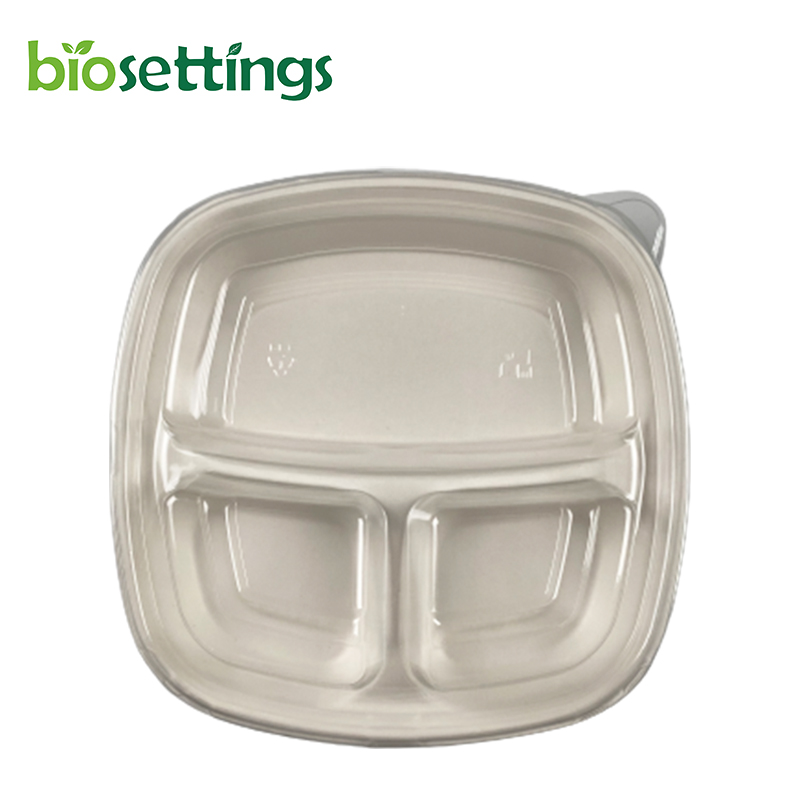 Биоразлагаемая закругленная прямоугольная багасса с 3 com-отсеками, 9 лотков для еды, одноразовая багасса из сахарного тростника, контейнер с крышкой 3 cp