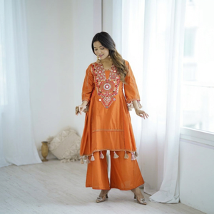 Ensemble haut et pantalon Plazzo pour femmes indiennes, en coton Khadi pur, entièrement brodé de sequins et de miroirs, vêtements décontractés - Product Image 1