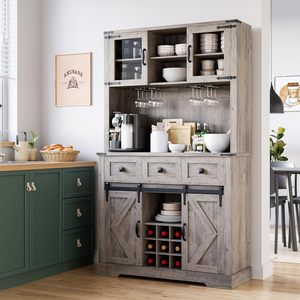 <span class=keywords><strong>Haut</strong></span> <span class=keywords><strong>buffet</strong></span> de cuisine de ferme avec portes de grange coulissantes et clapier de rangement et 3 tiroirs - Product Image 1