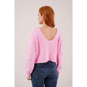 Pull rose dos nu pour femme avec strass, manches longues, style Y2K, tricot anti-boulochage - Product Image 1