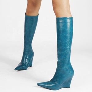 Trendy Wedge Heel <b>Boots</b> Sexy Pointed Toe Knee High <b>Boots</b> for Ladies Short Winter <b>Boots</b> Warm Big Size 43 - Product Image 2