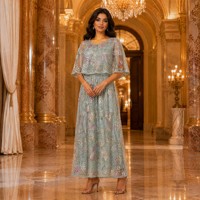 Robes de soirée brodées style cape, manches courtes, coupe trapèze, col rond, ornées de strass et de perles, robe longue pour femme, idéale pour les fêtes de l'Aïd