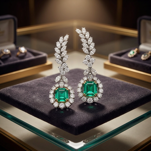Boucles d'oreilles pendantes de luxe pour femme en or 18 carats avec émeraudes et diamants taille marquise, bijoux de mariage - Product Image 3