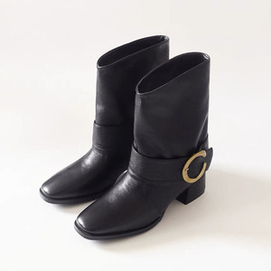 2025 nuovo francese semplice punta quadrata <span class=keywords><strong>tacco</strong></span> spesso in pelle bovina con fibbia in metallo <span class=keywords><strong>stivali</strong></span> medi pantaloni a tubo <span class=keywords><strong>stivali</strong></span> donna - Product Image 1