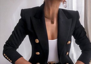 秋冬新款纯色时尚休闲西装外套女式双排扣纽扣装饰梭织工艺 - Product Image 2