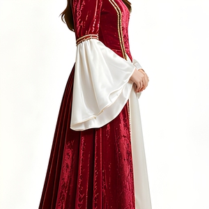 Abito Medievale da <span class=keywords><strong>Principessa</strong></span> in Velluto Bordeaux con Copertura Totale, Maniche Lunghe a Campana, Lunghezza al Pavimento, Stile Rinascimentale Reale, per <span class=keywords><strong>Film</strong></span> e TV - Product Image 5