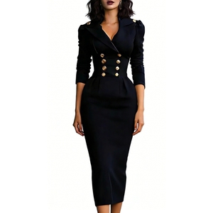 Robe moulante mi-longue à col revers et double boutonnage pour femme - Manches longues - Tendance - Product Image 2