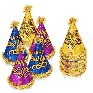 Huancai Happy New Year Party Hats Blue Purple Gold Paper Cone Hat with Tassel Kids Adults for 2024 New Years Eve Party Supplies