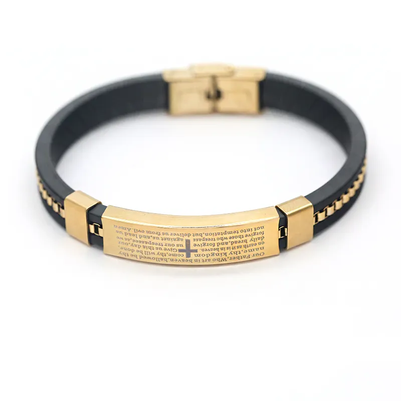 Hot Sales Bibel Schrift Kreuz Laser druck Edelstahl Brief graviert religiöse Schrift Gold Leder Armband