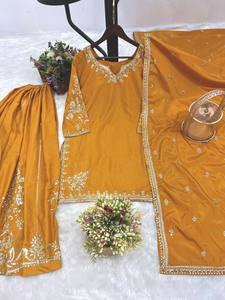 Nouvelle collection : Ensemble 3 pièces élégant pour femme Zain Exports – Kurti, Dupatta et Plazzo en soie romaine brodée avec sequins, réversible, décontracté et polyvalent. - Product Image 6