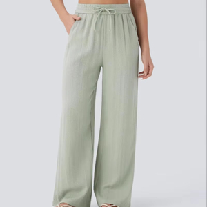 กางเกงขายาวทรงตรงเอวสูงสำหรับผู้หญิง มีเชือกผูก เอวสูง ระบายอากาศได้ดี เป็นมิตรกับสิ่งแวดล้อม ผ้าฝ้าย มีกระเป๋าข้าง ทรงหลวม ใส่สบาย เหมาะสำหรับไปเที่ยวชายหาด - Product Image 1