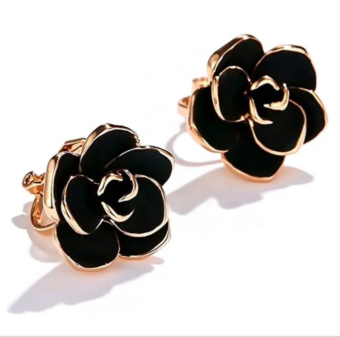 UNIQ Cubic Zirconia Clip On Gold Stud Earrings Black Rose Flower Non Pierced Earrings