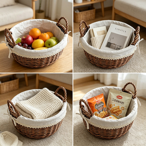 Panier de rangement rond en osier avec doublure en tissu et poignées tressées pour l'organisation de la maison et la présentation décorative dans le salon - Product Image 3
