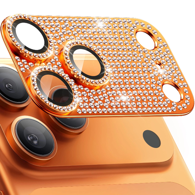 3D Luxury Shockproof Orange Camera Lens Protector for iPhone 17 Air 17 Pro Max Film Shiny Rhinestone Glitter Lens Protector
