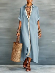 <span class=keywords><strong>Robe</strong></span> longue décontractée d'été pour femme, nouvelle collection, couleur unie, <span class=keywords><strong>col</strong></span> rabattu, manches retroussables, boutonnée, coupe ample - Product Image 2