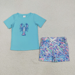 Conjunto de ropa de verano para niños, camiseta azul con bordado DADDY'S BOY y pantalones cortos a cuadros - Product Image 3