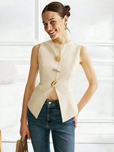 <span class=keywords><strong>Gilet</strong></span> Casual Ecologico da <span class=keywords><strong>Donna</strong></span>, Aderente, con Motivo Uniforme, Decorazione a Bottoni, Collo Tondo Lungo, 100% Poliestere - Product Image 4