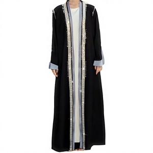 อาบายะห์วินเทจหรูหราไซส์ใหญ่แบบเปิด แขนประดับมุก ตกแต่งด้วยลูกปัดวิบวับ สีดำ ผ้าโพลีเอสเตอร์อิสลามิก  สามารถสั่งตัดได้ตามต้องการ - Product Image 3