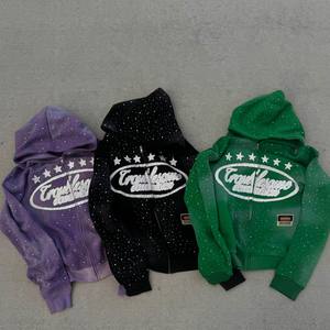Sweat à capuche zippé streetwear en molleton bouclette épais 500 g/m², coupe oversize, vintage, délavé à l'acide, effet usé, avec strass, sans taxes ni droits de douane - Product Image 1