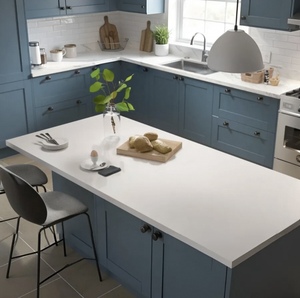 Armoires de cuisine classiques de style Shaker gris-bleu avec poignées noires <span class=keywords><strong>et</strong></span> plan de travail en marbre, placards en <span class=keywords><strong>bois</strong></span> sur mesure en forme de U pour la maison - Product Image 2