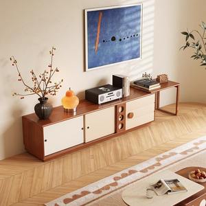 Meuble TV extensible en bois massif, style crème français, rangement pour petits salons - Product Image 2