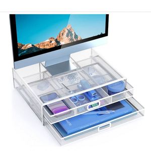 Monitor Stand Riser with Drawer - Metal Mesh <b>Desk</b> Organizer with Dual Pull Out Storage Drawer <b>Computer</b> Office Supply - Product Image 2