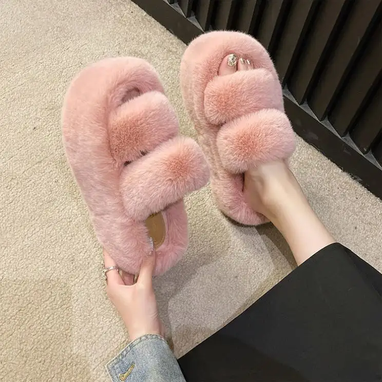Wholesale Fashion Plush Outdoor Indoor Flat Double Strips Spring Autumn Winter Fur Fluffy Furry House Women Home Slippers