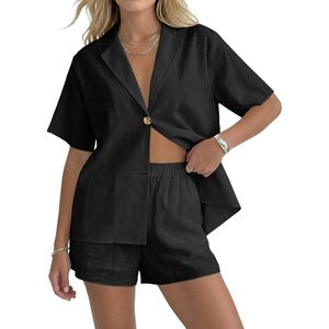 Custom <b>Womens</b> 2 Piece Suit Set Black Button Down Collared Shirt <b>Shorts</b> Summer Casual Beach Outfit Matching Set - Product Image 1