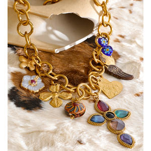 XY 2250 Neu eingetroffene Edelstahl-Halskette mit klobigem Anhänger, Keramik, farbiger Naturstein, Kreuz-Anhänger - Product Image 6