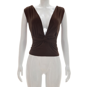 Viviblook J26TP038 Vêtements d'été pour femmes Nouveau pull à col en V couleur unie plissé torsadé débardeur - Product Image 5