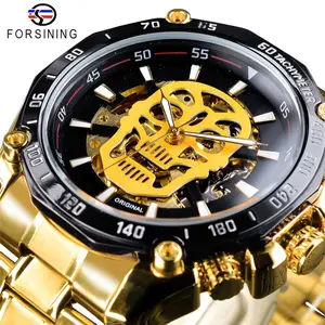 Forsining jam tangan otomatis pria, arloji kerangka desain tengkorak hitam emas, desain bercahaya untuk olahraga otomatis
