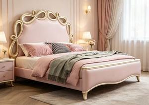 Premium Queen Size Pink Velvet Princess <b>Bed</b> With Gold Finish Bow Shaped Headboard For Kids Bedroom - Product Image 5