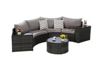 Outdoor Langlebiges Holz 7-teiliges Halbmond-Sitzgruppen-Set mit Sofa und Couchtisch aus Gehärtetem Glas
