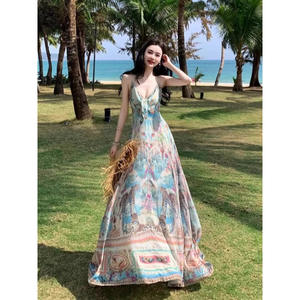 Vestido Bohemio con Tirantes y Cuello en V para Mujer, Largo hasta el Suelo, de Cintura Alta, Falda Acampanada, Transpirable, Floral, de Mezclilla/Crepé, Estilo Lápiz - Product Image 1