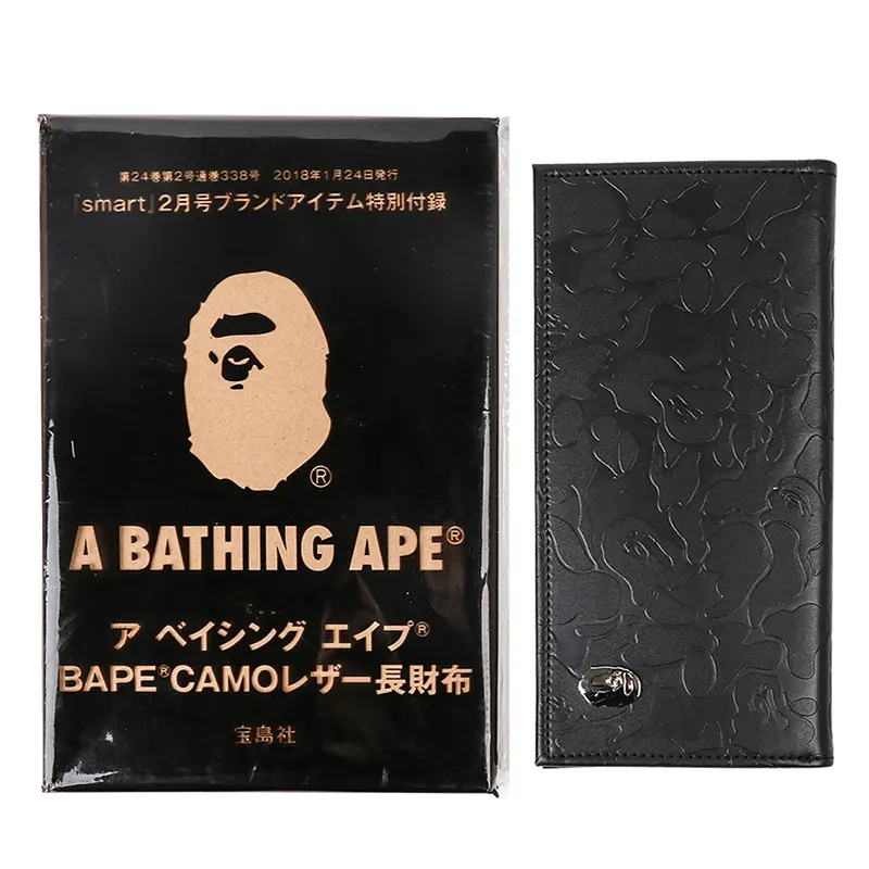 Carteira de mão longa para homens e mulheres Bape Black Ape em relevo, apêndice de revista da moda