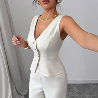 Ensemble deux pièces pour femmes, été 2025, nouveau style européen et américain, couleur unie, sans manches, veste ajustée, pantalon taille haute en polyester et élasthanne