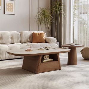 AJUNION Living Room Furniture Double <strong>Nesting</strong> Coffee <strong>Table</strong> Set <strong>Round</strong> Tall <strong>Table</strong> and Rectangular Accent <strong>Table</strong> with 2 Drawers - Product Image 1