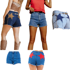 High Waist Denim Shorts With Star Applique <b>Patchwork</b> Design Distressed Hem Casual Women's Embellished Denim Shorts - Product Image 1