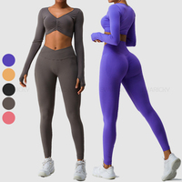 Top à manches longues plissé devant pour femmes Gym Fitness Yoga Wear High Waist Seamless Legging Yoga Set With Thumb Hole