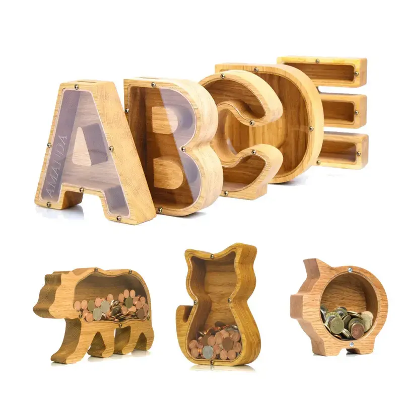 กระปุกออมสินรูปตัวอักษรทำจากไม้ไผ่สำหรับเด็กกระปุกออมสินส่วนตัว