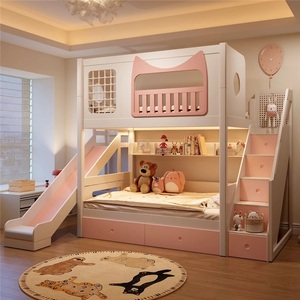 Lit superposé rose à motif chaton moderne JS pour filles, lit pour enfants avec rangement et barrière haute, ensemble de meubles pour <span class=keywords><strong>chambre</strong></span> d'enfant - Product Image 5