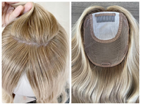 Topper juif en cheveux vierges européens de qualité supérieure, blond cendré avec mèches, ondulé, base en soie, à clipser, pour femmes souffrant de perte de cheveux
