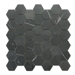 Venta caliente Villa Casa Interior Pulido Baño Tufted Wall Nero Marquina Absolute Black Hexagon Mármol Mosaico 24x24 Azulejos