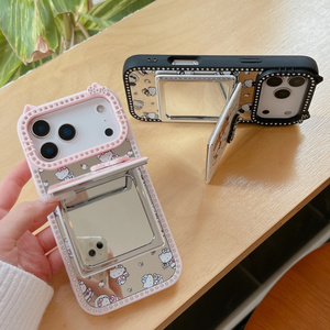 Funda para teléfono móvil con diseño de gato KT de dibujos animados, espejo y soporte, para iPhone 17 Air 16 15 Pro Max, con soporte plegable, oreja de oso y diamantes, cubierta trasera bonita - Product Image 5