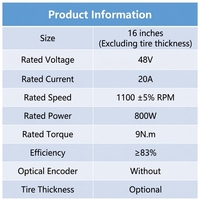 Moteur de moyeu de 16 pouces, 48V, 800W, 9 Nm, avec options de freinage et épaisseurs de pneus au choix, adapté aux véhicules tout-terrain