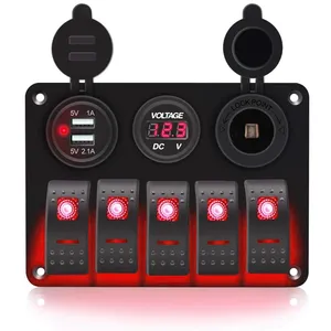 QSZEN Ready Ship Waterproof Aluminum 5 Gang Rocker Switch Panel For Marine Boat Dual USB Socket Red Backlight LED