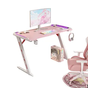 High Quality Z Type Office Home Metal Material Gamer Cheap Ergonomic RGB Light LED Pink PC Gaming Desk for Girl