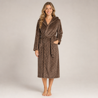 Peignoir en polaire à imprimé léopard pour femme, robe de chambre chaude en flanelle à capuche avec ceinture, tenue d'intérieur d'hiver