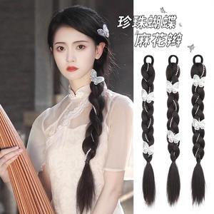 Perruque tressée style Hanfu, queue de cheval double tressée, bande élastique, aspect naturel, extension de cheveux de princesse en fibre Kanekalon, sans colle - Product Image 4