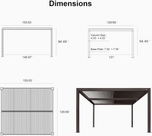Pergola Bioclimatica da Esterno 3,35m x 3,96m con Tetto Rigido in Alluminio e Tenda Parasole Regolabile Retrattile - Product Image 4